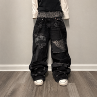 DiZNEW Jeans vintage noirs amples à jambes larges, effet usé, patchwork, avec empiècements imprimés léopard, coupe empilée, pour hommes, OEM ODM personnalisé
