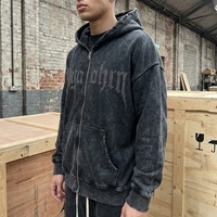 Sweat à capuche zippé pour homme, en coton noir, coupe ample, délavé à l'acide, personnalisé, style vintage, avec fermeture éclair bidirectionnelle, épais