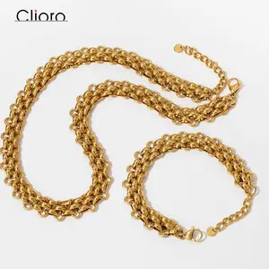 Clioro声明厚宽度编织古巴链不锈钢项链针织手链饰品套装