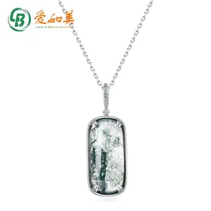 Wholesale 925 Sterling Silver Natural Green Moss Stone Trendy Pendant Necklace For Women