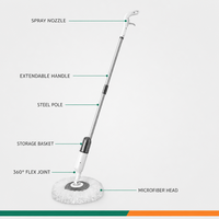 Serpillère multi-usage 4-en-1 avec pulvérisateur, panier en plastique, manche extensible en acier inoxydable et tête de serpillière en microfibre flexible à 360°
