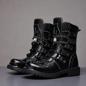 Men's Mid-Calf Moto <b>Boots</b> Black <b>Leather</b> Thick Sole Anti-Slip Low Heel Rubber Outsole EVA Midsole Trendy Riding <b>Work</b> <b>Boots</b> - Product Image 3