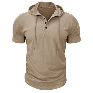 <span class=keywords><strong>T</strong></span>-<span class=keywords><strong>shirt</strong></span> de fitness à manches courtes de style européen américain pour hommes, coupe ajustée, haut à capuche, chemise Henley en tissu tricoté pour le sport et le fitness - Product Image 3
