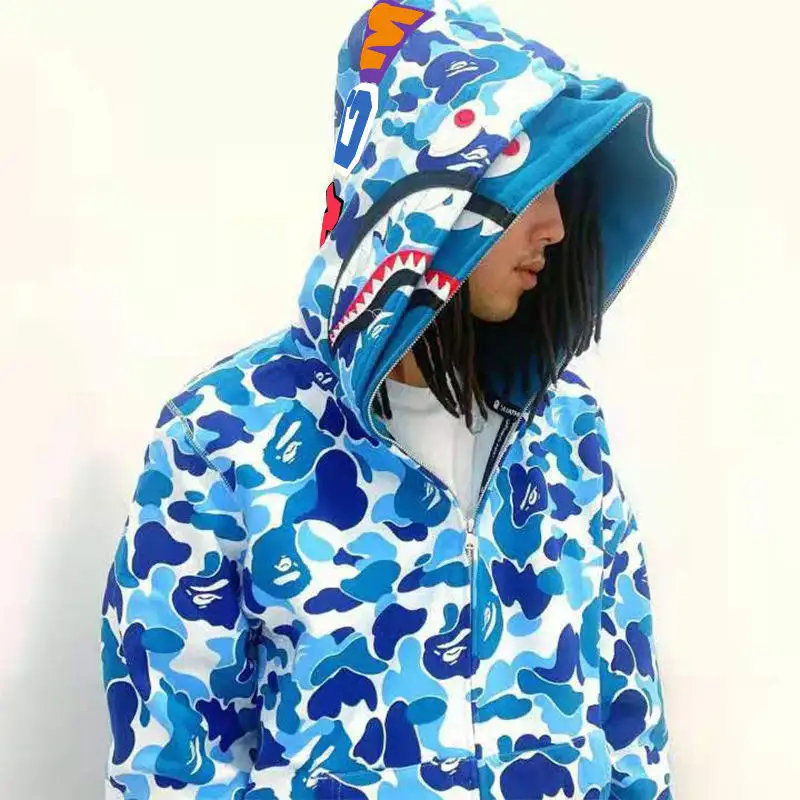Shark Hoodies puff printing Full Zip Up hoodie applique embroidery patch custom LOGO hot sale heavyweight full zip up hoodie