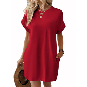 Nouvelle Collection Printemps/Été – Robe Décontractée Ample à Col Rond et Manches Chauve-Souris Unie pour Femme, en Polyester et Spandex, Coupe Trapèze, avec Poches (ODM) - Product Image 3