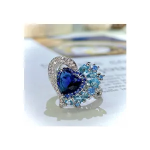 Anel de diamante luxuoso para mulheres, casamento simulado com coração de tanzanita azul escuro, anel de diamante completo para mulheres