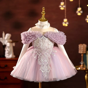 Boutique verano púrpura fuera del hombro tul princesa niñas vestidos esponjosos niños ropa de boda niñas fiesta vestido de graduación 1-12 años - Product Image 4