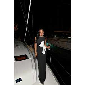 <b>Black</b> Floor-Length Evening Dress <b>Ribbon</b> Detail Simple Style Empire Waistline Straight Silhouette Polyester 3D XS XL for Prom - Product Image 6