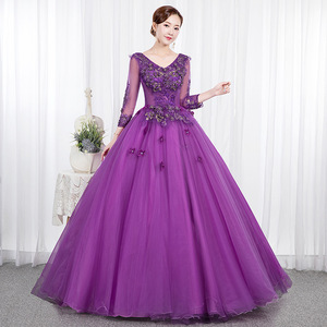 Purple Tulle Evening Gown With 3D Floral Embroidery Long Sleeve Ball Gown For Women Stage Performance Dress - Product Image 2