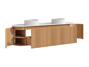 <span class=keywords><strong>Meuble</strong></span>-lavabo sur mesure <span class=keywords><strong>de</strong></span> 180 cm à cannelures avec deux vasques en céramique cannelées, armoire <span class=keywords><strong>de</strong></span> rangement <span class=keywords><strong>de</strong></span> <span class=keywords><strong>salle</strong></span> <span class=keywords><strong>de</strong></span> <span class=keywords><strong>bain</strong></span> flottante incurvée pour villa et hôtel - Product Image 3