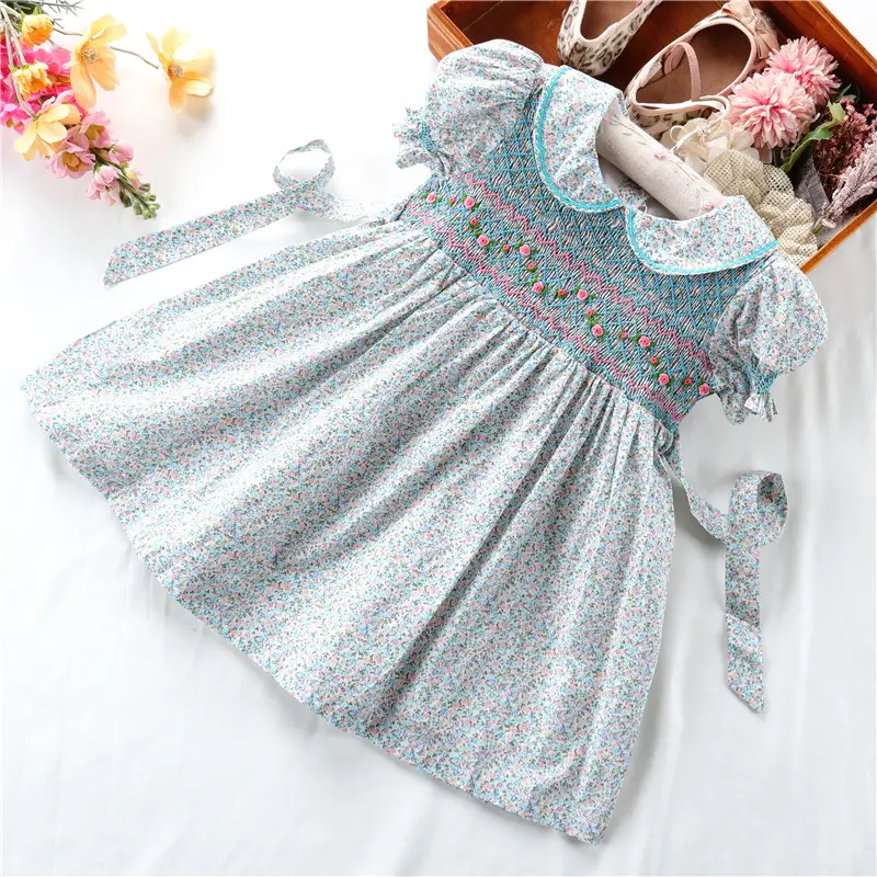 Sommer Großhandel Smocked Baby kleidung für Mädchen Kleider Baumwolle Vintage handgemachte Kinder kleidung C1100