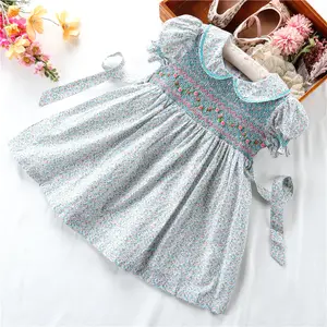 Summer Wholesale Smocked Baby Clothing For Girls Dresses Cotton Vintage Hand Made Children Clothes C1100