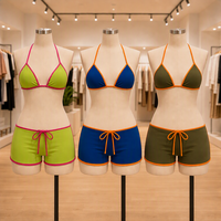 Ensemble de maillots de bain 3 pièces pour femme, OEM, recyclé, scintillant, personnalisé, marque privée, avec bordure contrastante et perles, comprenant un short de bain