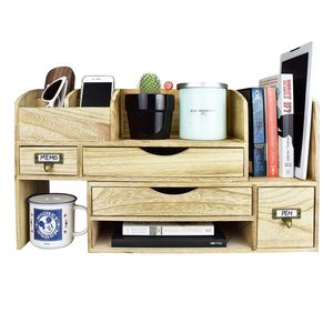 Organisateur de bureau en bois avec plusieurs tiroirs pour fournitures de bureau, rangement de téléphone et tablette, et organisation du bureau - Product Image 1