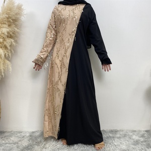 16168# Fashionable Beige and Black Two Color Splice With Small Sequins Tassel Women Popular <b>Abaya</b> Dress - Product Image 2
