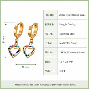 Pendientes de Aro con Corazón de Circonita, Acero Inoxidable, Chapado al Vacío en Oro de 14K, Joyería con Corazón Transparente o Multicolor - Product Image 3
