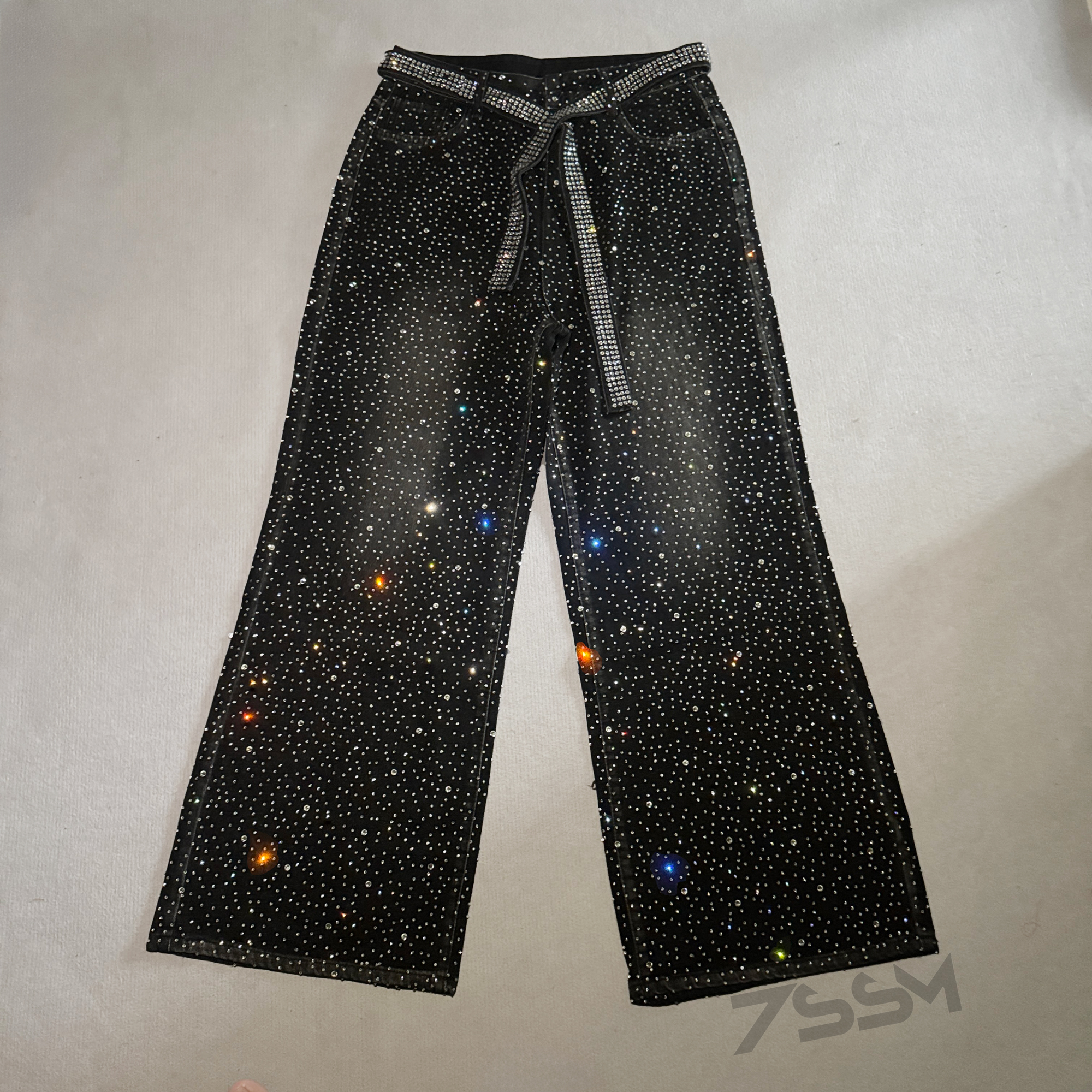 Custom Vintage Distressed Washed Full Rhinestone Jeans