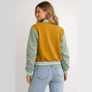 Veste universitaire en laine rose et vert sauge pour femme, veste bomber, coupe classique, col rabattu, fermeture à boutons, unisexe - Product Image 2