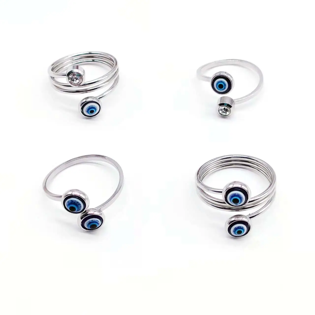 Simple Devil Eye Diamond Ring Adjustable Open Stainless Steel Blue Evil Eyes Ring for Women Jewelry