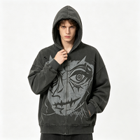 Sweat à capuche zippé gris anthracite effet vieilli, motif visage de démon de dessin animé d'horreur Kornit DTG, coupe oversize, style streetwear