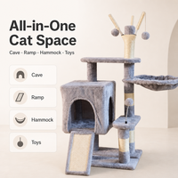Arbre à chat à trois niveaux en bois et sisal avec panier-cabanon en peluche, hamac et rampe d'escalade pour chats