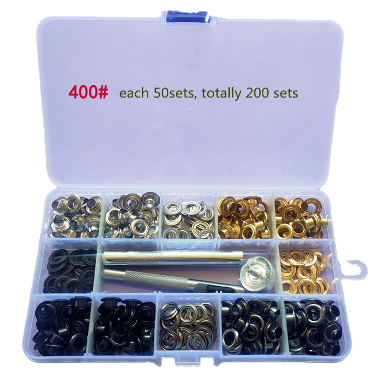 Оптовые продажи от производителя, пакет коробки комплект 400 # медь латунь 4 вида цветов 200 комплекты прокладка комплект ткань кольца для одежды с Перфоратор Инструмент