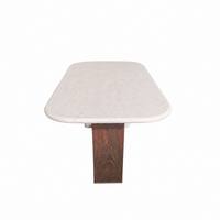Table à manger moderne en pierre, base en placage de noyer, coins sculptés arrondis, plateau en marbre semi-translucide, vente en gros d'usine, sur mesure