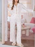 Ensemble de pyjama pour femme en bambou personnalisé, imprimé nœuds blancs et roses, manches longues, volants, attache sur le devant, en modal et coton doux, vêtements de détente et de nuit