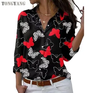 TONGYANGファッションレディースバタフライプリントブラウスシャツ春夏カジュアル長袖Vネックレディースボタントップスルーズブラウス - Product Image 1