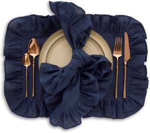 Fabriqués à la main 100% pur lin bleu marine serviettes de table <span class=keywords><strong>Gabrielle</strong></span> Ruffle Design lavable en Machine pour la saison d'automne automne - Product Image 4