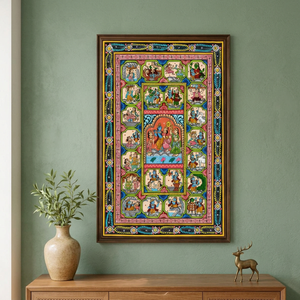 Peinture artisanale Krishna Leela Pattachitra en gros, art populaire indien traditionnel, décoration murale rectangulaire en papier, mythologique - Product Image 6
