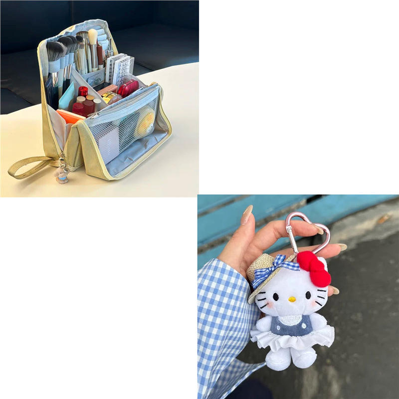 Beige cosmetic bag, straw hat, KT keychain