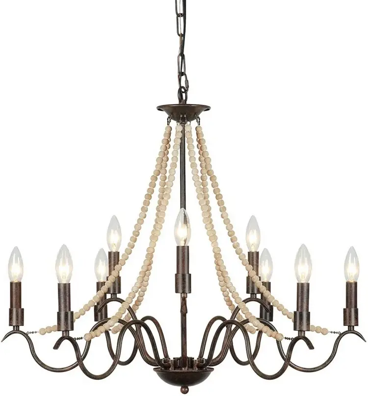 French Country 9 Light Chandeliers Farmhouse Candle Style Chandelier Wood Beads Bronze Kitchen Lighting for Dining Room