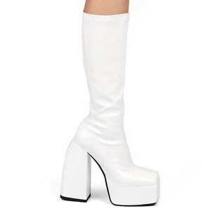 Fashion Square Toe Short Winter <b>Boots</b> Thick Platform High Chunky Heel Women's Knee High <b>Boots</b> Zipper Patent Leather 43 - Product Image 3