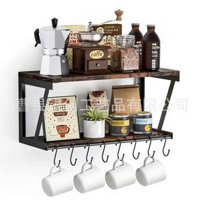 Wooden Wall Mounted Storage <b>Shelf</b> 2 Tier With <b>Hooks</b> For Bedroom Living Room Decoration - Product Image 2