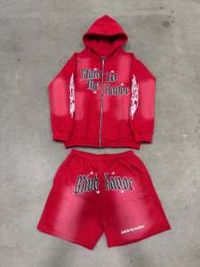 Clothing Manufacturer Custom High Quality Red Gothic Print Zip Up Tracksuit <b>Set</b> <b>Hoodie</b> <b>And</b> <b>Shorts</b> Faded <b>Men's</b> Tracksuits - Product Image 2