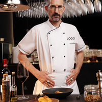 Veste de Chef/Service Unisexe à Manches Courtes en Tissu Sergé Polyester/Coton, Prix Usine, pour Uniformes de Restaurant, Bar et Personnel d'Hôtel 5 Étoiles