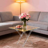 Table d'appoint pliante carrée en acrylique doré, personnalisable et détachable, facile à assembler, pour l'extérieur, la maison ou comme présentoir alimentaire.