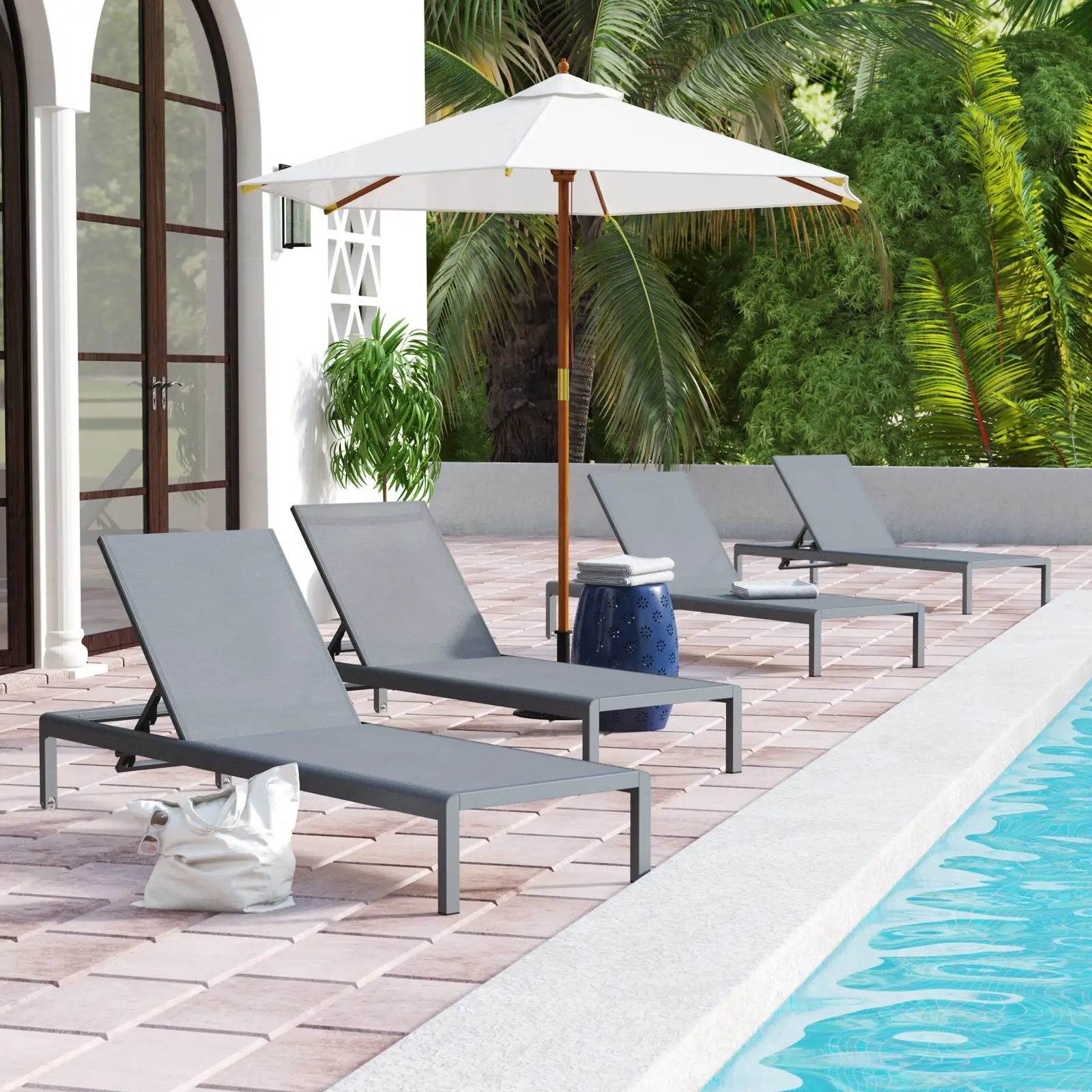 Chaise lounge de jardín de aluminio comercial, cama de Sol de malla para playa, silla de piscina al aire libre, tumbona reclinable para natación de Hotel