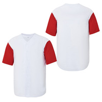 Jersey Baseball Kasual Putih dengan Lengan Merah untuk Latihan, Bordir Custom, Sablon, Grosir, Kemeja Softball Kancing Depan