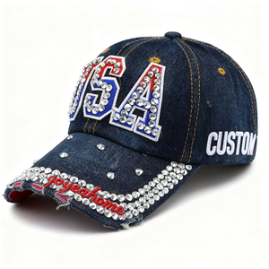 Cá Nhân USA Rhinestone denim Mũ bóng chày tùy chỉnh Rhinestone USA mô hình miễn phí mockup Dịch vụ & đặt hàng số lượng lớn chào đón - Product Image 1