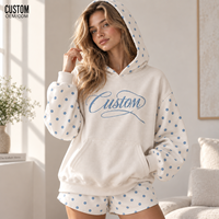 Ensemble short et sweat à capuche pour femme, imprimé à pois, avec logo brodé, manches contrastantes, poche kangourou, tenue décontractée et confortable