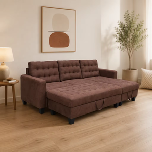Sofá Seccional Moderno en Forma de L de Gamuza Marrón con Almacenamiento y Tela Ecológica para Sala de Estar - Product Image 1