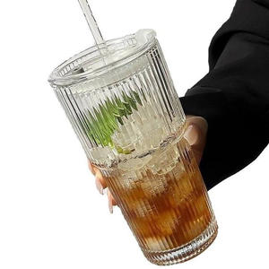 Large Vertical Stripes Glass Drinkware with Lid and <b>Straw</b> Free Shipping Water and Coffee <b>Cups</b> for Cold Beverages - Product Image 3