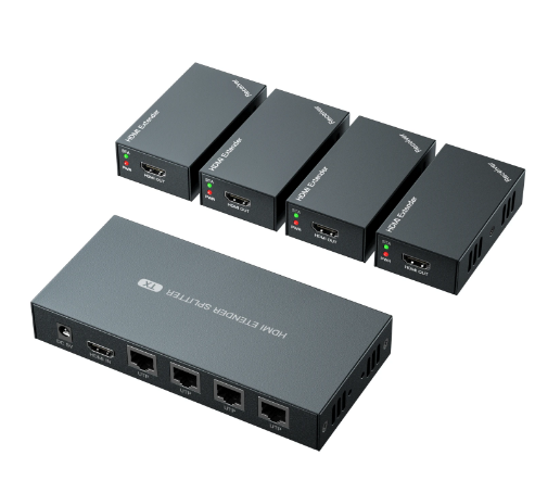 4 Port HDMI Extender Splitter 1x4 1080P 60Hz 165ft 50m Video Transmitter Receiver Over CAT5e/CAT6/CAT7 EDID Power by Sender POC