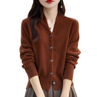 Cardigan élégant 100 % pure laine pour femme, col en V, couleur unie, manches longues, tricot ample, pull en laine, vêtement d'extérieur pour l'hiver