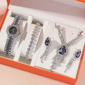 Mewah Bling Iced Out Berlian Wanita Menonton Set Mewah Perak Kuarsa Jam Tangan Perhiasan untuk Anak Perempuan Hadiah Aksesoris