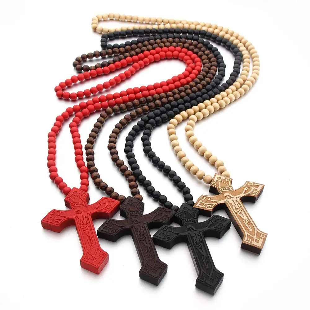 Kalung liontin manik-manik kalung mode perhiasan grosir kustom salib kayu agama perhiasan kayu 40g 90cm