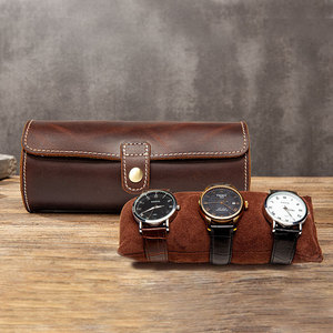 Vintage Genuine Leather <b>Watch</b> Roll <b>Case</b> 3 Slots Cylindrical Travel <b>Watch</b> Pouch Portable Storage Organizer Box Snap Button - Product Image 2