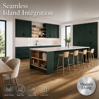Meuble de cuisine modulaire vert foncé en acier inoxydable style Shaker, îlot moderne avec comptoir en marbre, évier, robinet et étagères ouvertes – Mobilier B2B